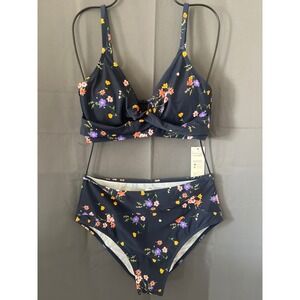 Cupshe Navy Floral High Waisted Bikini Set Twisted Top  M